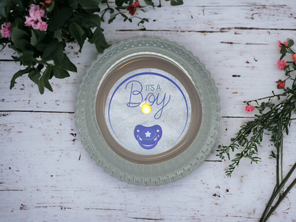 Teelicht mit Botschaft "It‘s a Boy"- Es ist ein Junge - Kerze zur Gender Reveal Party - Ankündigung - Babyparty - Geschlechtsenthüllung