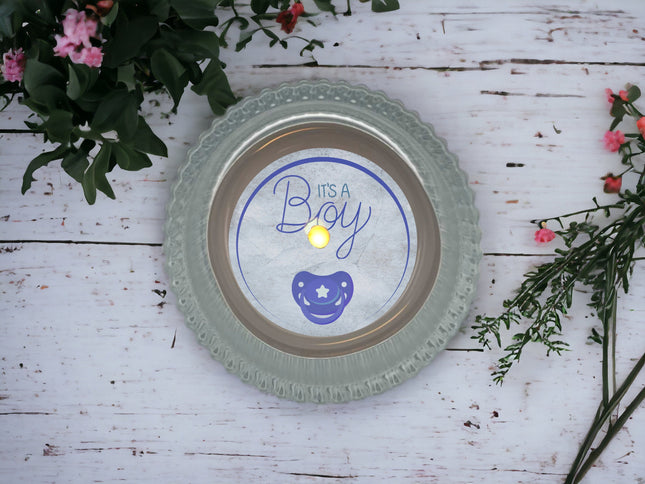 Teelicht mit Botschaft "It‘s a Boy"- Es ist ein Junge - Kerze zur Gender Reveal Party - Ankündigung - Babyparty - Geschlechtsenthüllung