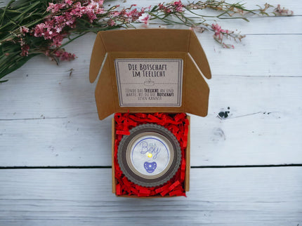 Teelicht mit Botschaft "It‘s a Boy"- Es ist ein Junge - Kerze zur Gender Reveal Party - Ankündigung - Babyparty - Geschlechtsenthüllung