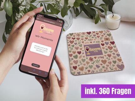 Cheers to Us – Couple Edition | Date Night Spiel | 360 Fragen | Bierdeckel-Set für Paare | Gesprächsspiel für Beziehung | Valentinstag