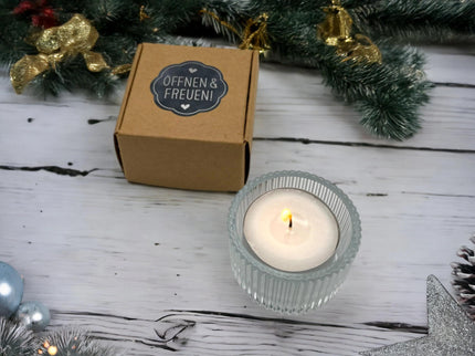 Teelicht mit Botschaft "Frohe Weihnachten"